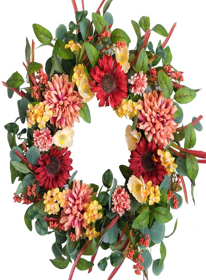 TEMPUS 24 Inch Artificial Fall Wreath with Sunflowers and Dahlias - Handcrafted Harvest Wreath for Front Door, Indoor Wall Decor, Thanksgiving Decoration - Image 1