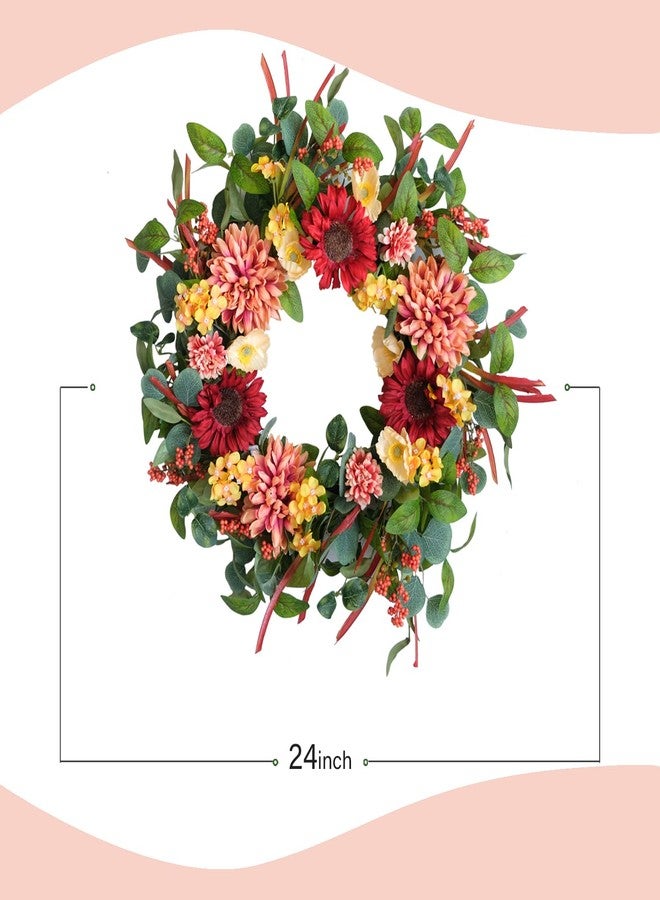 TEMPUS 24 Inch Artificial Fall Wreath with Sunflowers and Dahlias - Handcrafted Harvest Wreath for Front Door, Indoor Wall Decor, Thanksgiving Decoration - Image 3
