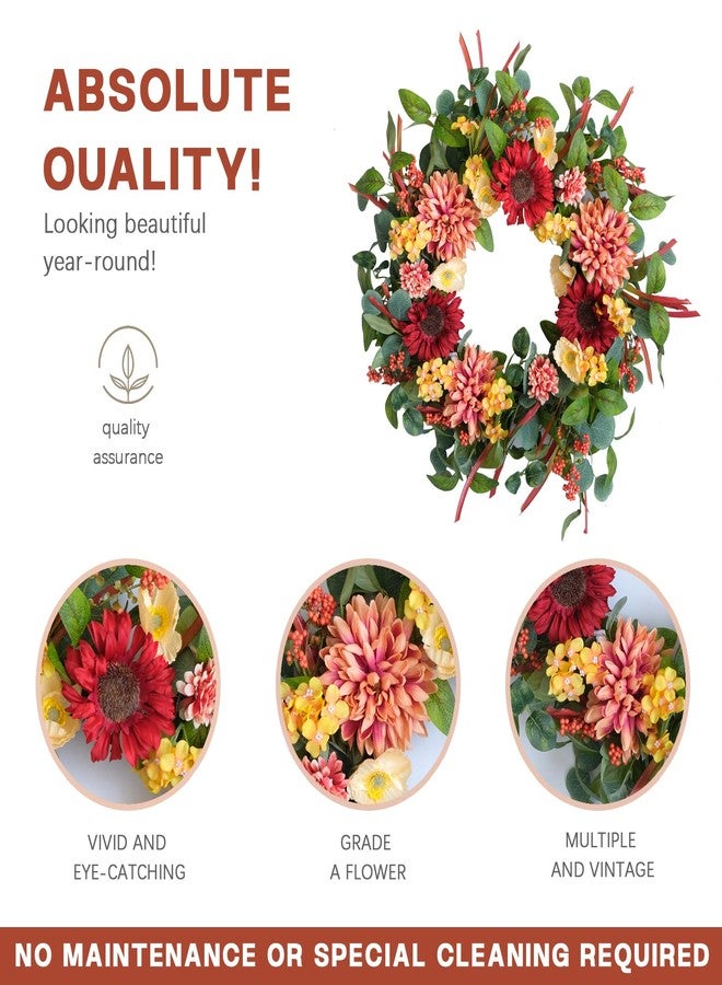 TEMPUS 24 Inch Artificial Fall Wreath with Sunflowers and Dahlias - Handcrafted Harvest Wreath for Front Door, Indoor Wall Decor, Thanksgiving Decoration - Image 2