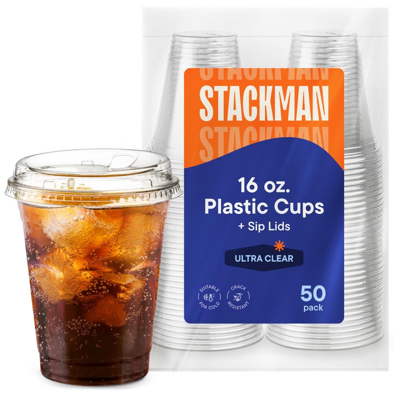 16 oz Clear Plastic Cups with Strawless SipLids 50 Sets PET Crystal Clear Disposable 16oz Plastic Cups with Lids  Crystal Clear Durable Cup  BPA Free  Crack Resistant for Coffee Juice Shakes