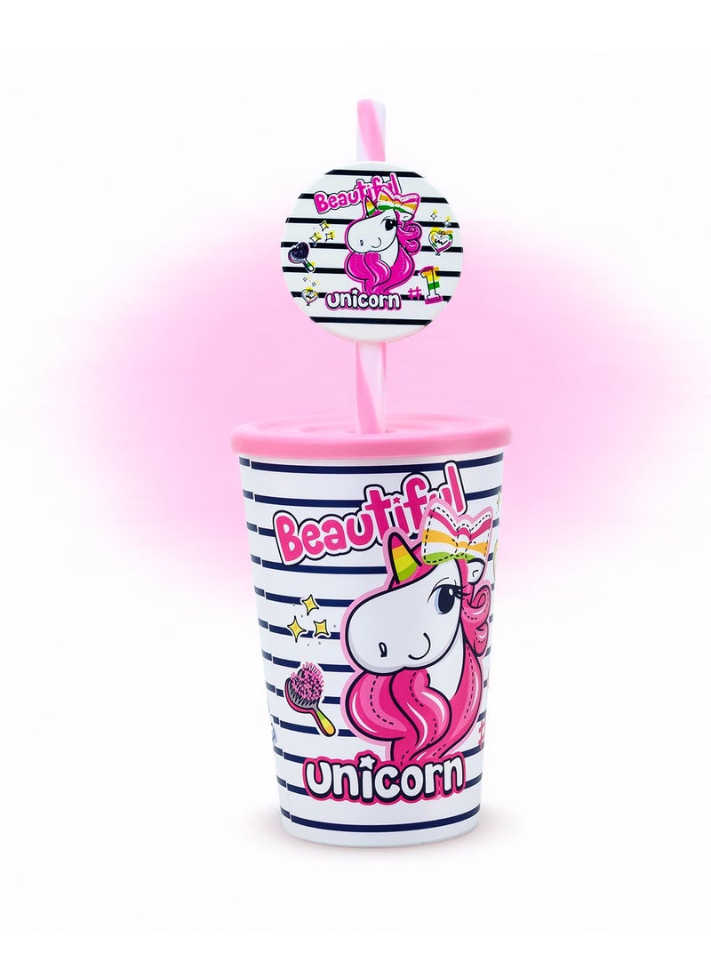 HEREVIN كوب أطفال هيرفين 340 مل مزين برسم يونيكورن وردي مع مصاصة فاخرة - كوب شرب من بولي بروبيلين خالي من BPA مع غطاء آمن - Image 2