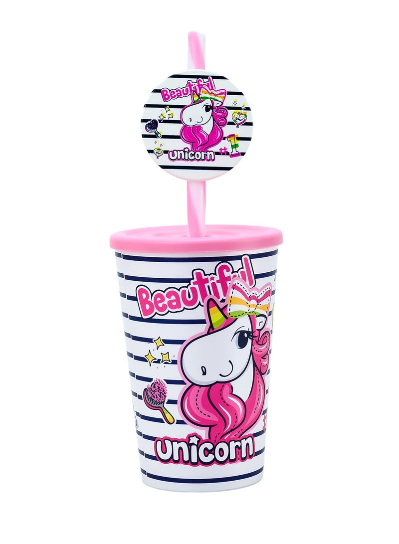 HEREVIN كوب أطفال هيرفين 340 مل مزين برسم يونيكورن وردي مع مصاصة فاخرة - كوب شرب من بولي بروبيلين خالي من BPA مع غطاء آمن - Image 4