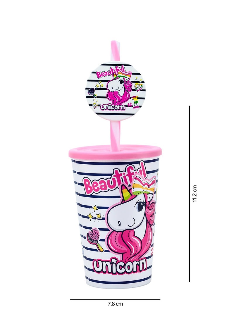 HEREVIN كوب أطفال هيرفين 340 مل مزين برسم يونيكورن وردي مع مصاصة فاخرة - كوب شرب من بولي بروبيلين خالي من BPA مع غطاء آمن - Image 3