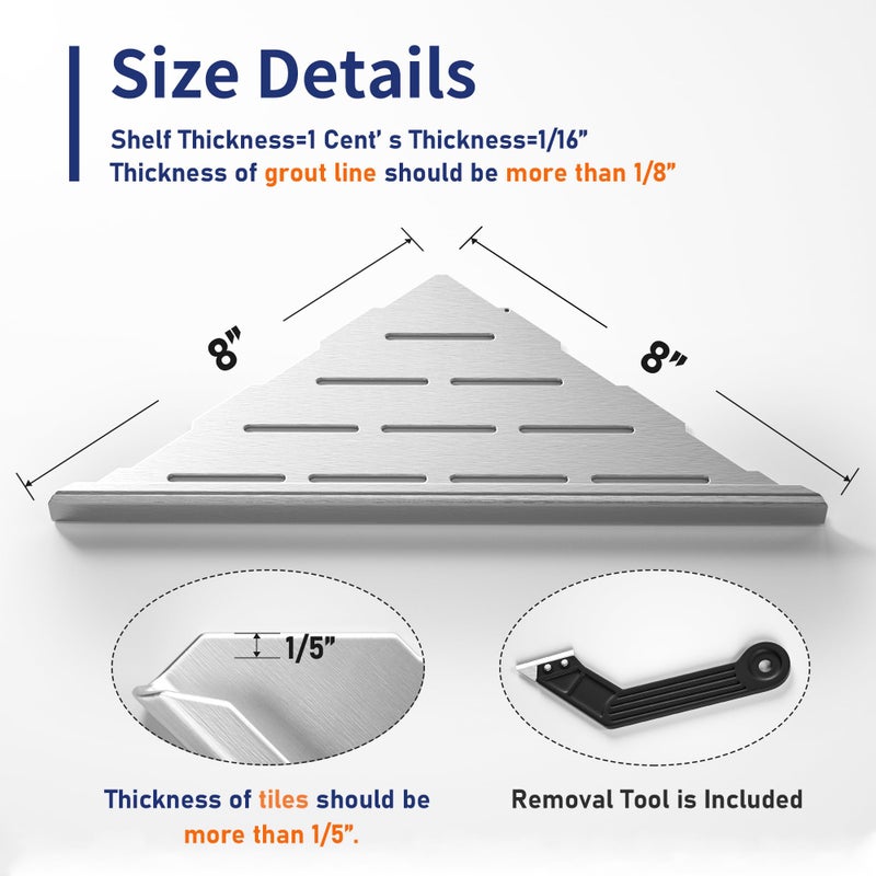 Bernkot 8'' Corner Shower Shelf 2Pcs  304 Stainless Steel Recessed Bathroom Shelves For Tiled Wall  Grout In Shelf  No Drilling Needed (8''  Silver) - Image 3