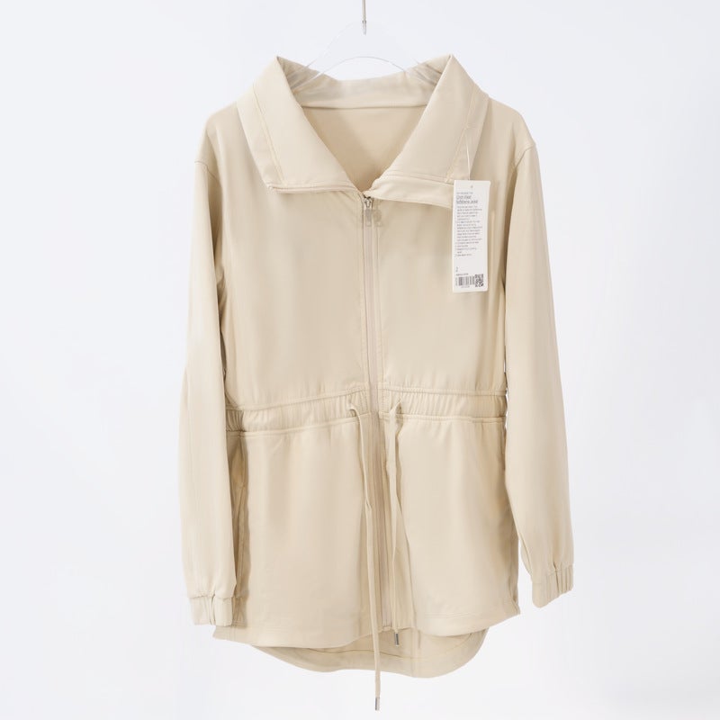 كوينج Yoga Clothing Spring and Autumn Waist High Collar Jacket Womens Sports Jacket Coat Lapel Loose Casual Waist Coat Cream apricot 036 waist jacket