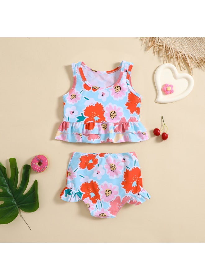 Loquat Suit For Girls And Baby Girls Cute Flower Print Split Swimsuit-Color:Color- - Image 2