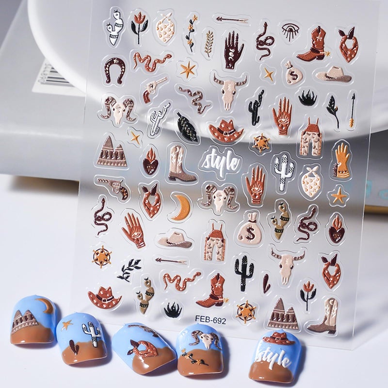 Jaczora 2 Sheets Retro Cowboy Nail Art Stickers, Western Cowboy Style Self-Adhesive DIY Nail Decals, Brown Cowboy Hat Designs Nail Stickers for Retro Style Nail Art Decals - Image 4