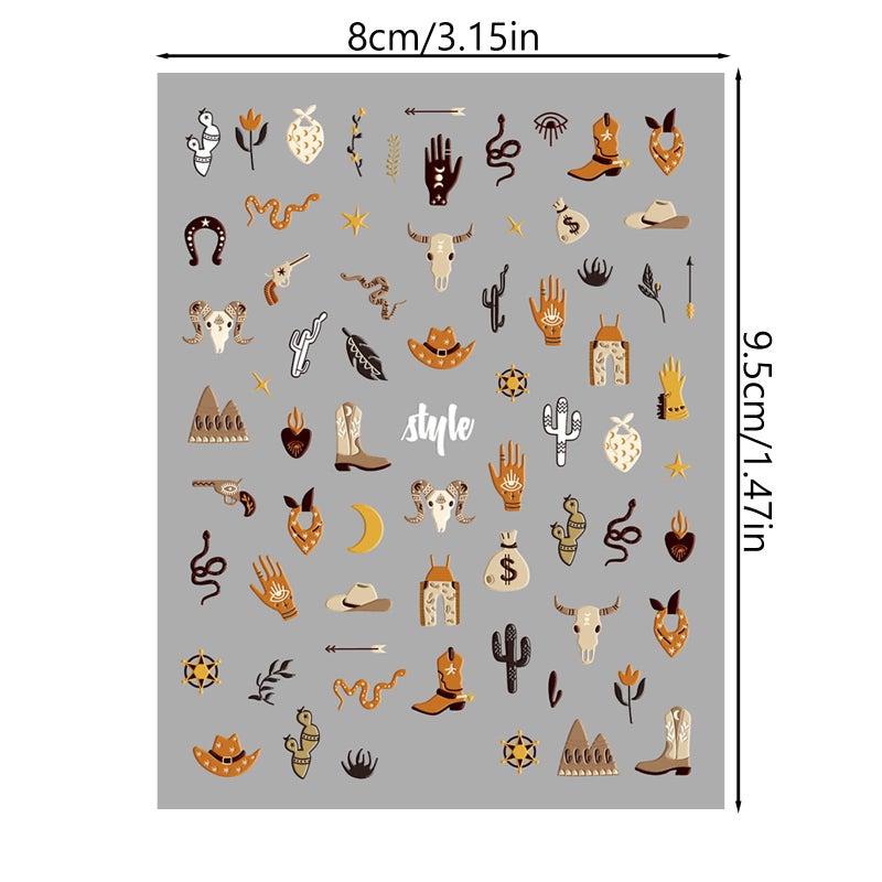 Jaczora 2 Sheets Retro Cowboy Nail Art Stickers, Western Cowboy Style Self-Adhesive DIY Nail Decals, Brown Cowboy Hat Designs Nail Stickers for Retro Style Nail Art Decals - Image 2