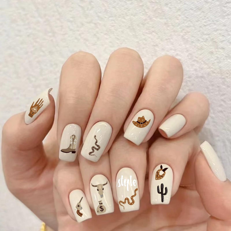 Jaczora 2 Sheets Retro Cowboy Nail Art Stickers, Western Cowboy Style Self-Adhesive DIY Nail Decals, Brown Cowboy Hat Designs Nail Stickers for Retro Style Nail Art Decals - Image 5