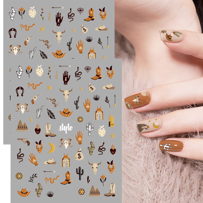 Jaczora 2 Sheets Retro Cowboy Nail Art Stickers, Western Cowboy Style Self-Adhesive DIY Nail Decals, Brown Cowboy Hat Designs Nail Stickers for Retro Style Nail Art Decals - Image 1