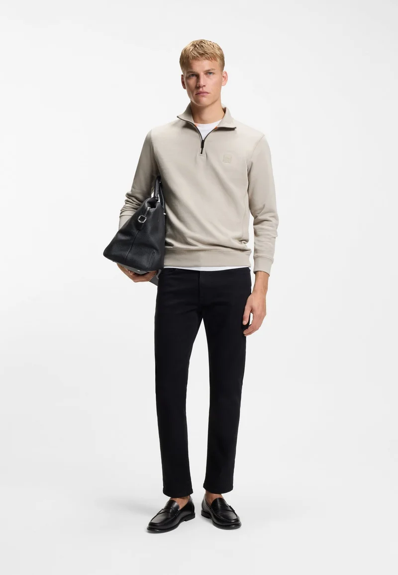 BOSS Open Grey Quarter-zip cotton-terry sweatshirt with logo patch for Men | Best Price UAE
