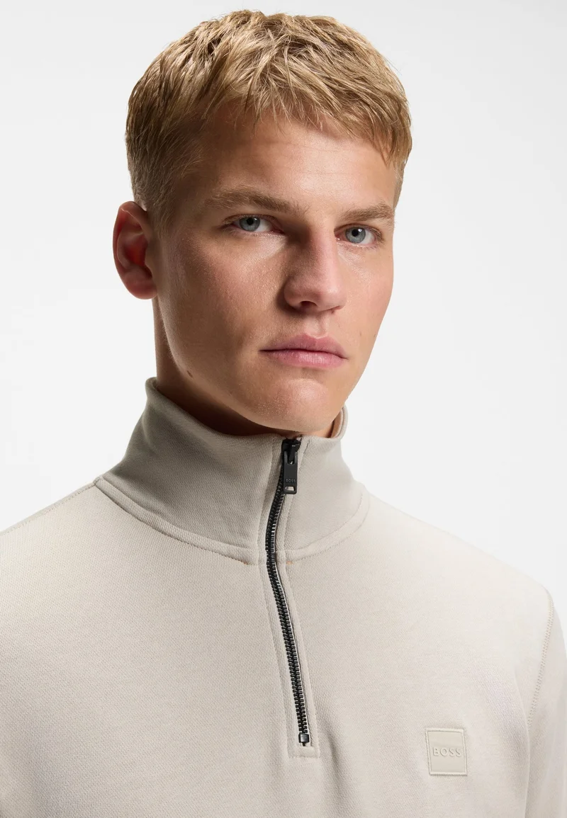 BOSS Open Grey Quarter-zip cotton-terry sweatshirt with logo patch for Men | Best Price UAE
