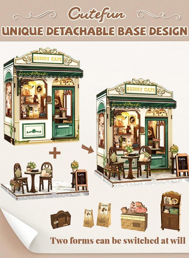 Cutefun Book Nook Kit - DIY Miniature Coffee Shop Dollhouse Kit for Adults and Teens, 3D Wooden Cafe Puzzle Mini House Building Kit with LED Bookshelf Insert Decor Creative Gifts (Sunny Cafe) - Image 5