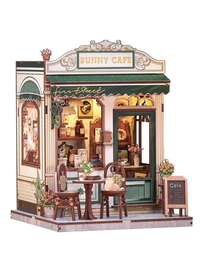 Cutefun Book Nook Kit - DIY Miniature Coffee Shop Dollhouse Kit for Adults and Teens, 3D Wooden Cafe Puzzle Mini House Building Kit with LED Bookshelf Insert Decor Creative Gifts (Sunny Cafe) - Image 1