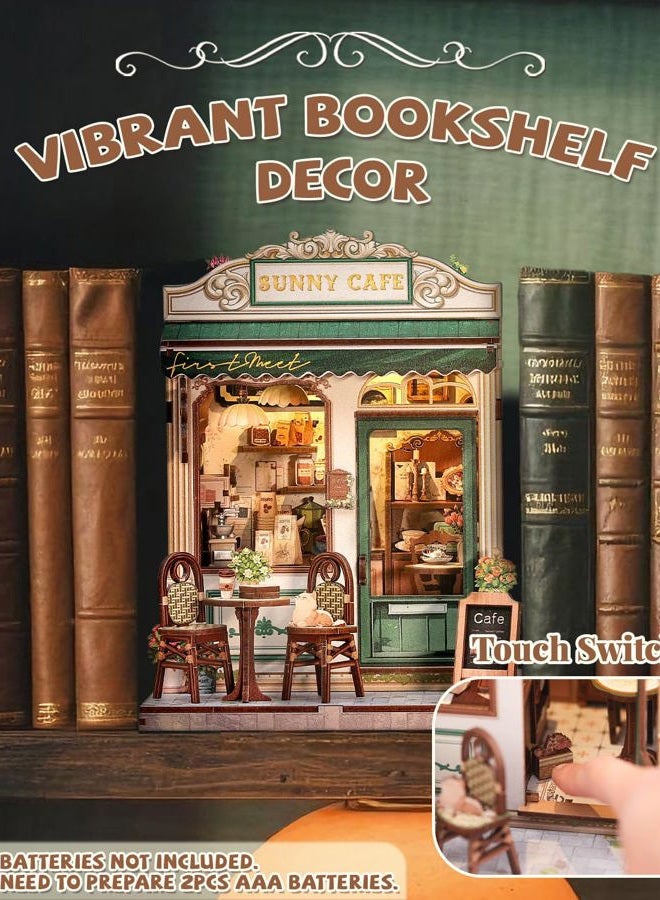 Cutefun Book Nook Kit - DIY Miniature Coffee Shop Dollhouse Kit for Adults and Teens, 3D Wooden Cafe Puzzle Mini House Building Kit with LED Bookshelf Insert Decor Creative Gifts (Sunny Cafe) - Image 2