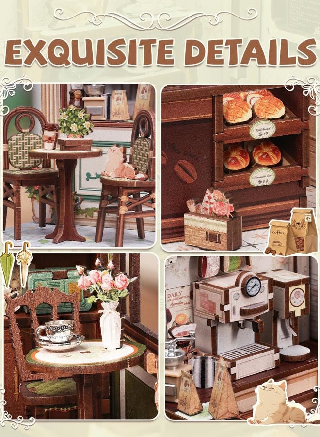 Cutefun Book Nook Kit - DIY Miniature Coffee Shop Dollhouse Kit for Adults and Teens, 3D Wooden Cafe Puzzle Mini House Building Kit with LED Bookshelf Insert Decor Creative Gifts (Sunny Cafe) - Image 4
