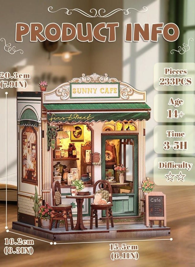 Cutefun Book Nook Kit - DIY Miniature Coffee Shop Dollhouse Kit for Adults and Teens, 3D Wooden Cafe Puzzle Mini House Building Kit with LED Bookshelf Insert Decor Creative Gifts (Sunny Cafe) - Image 3
