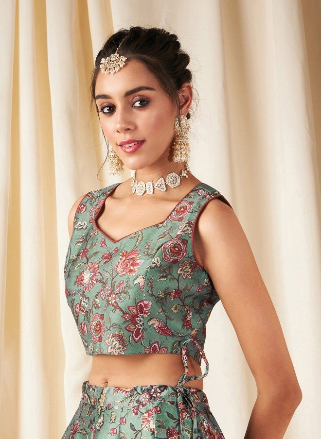SASSAFRAS Olive Green & Maroon Floral Crop Top for Women - Image 3