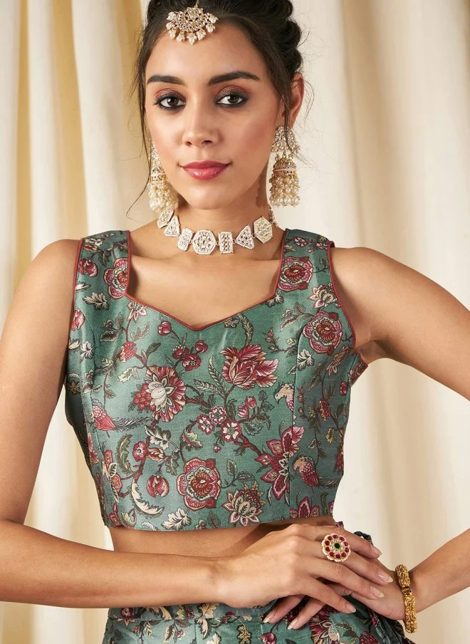 SASSAFRAS Olive Green & Maroon Floral Crop Top for Women