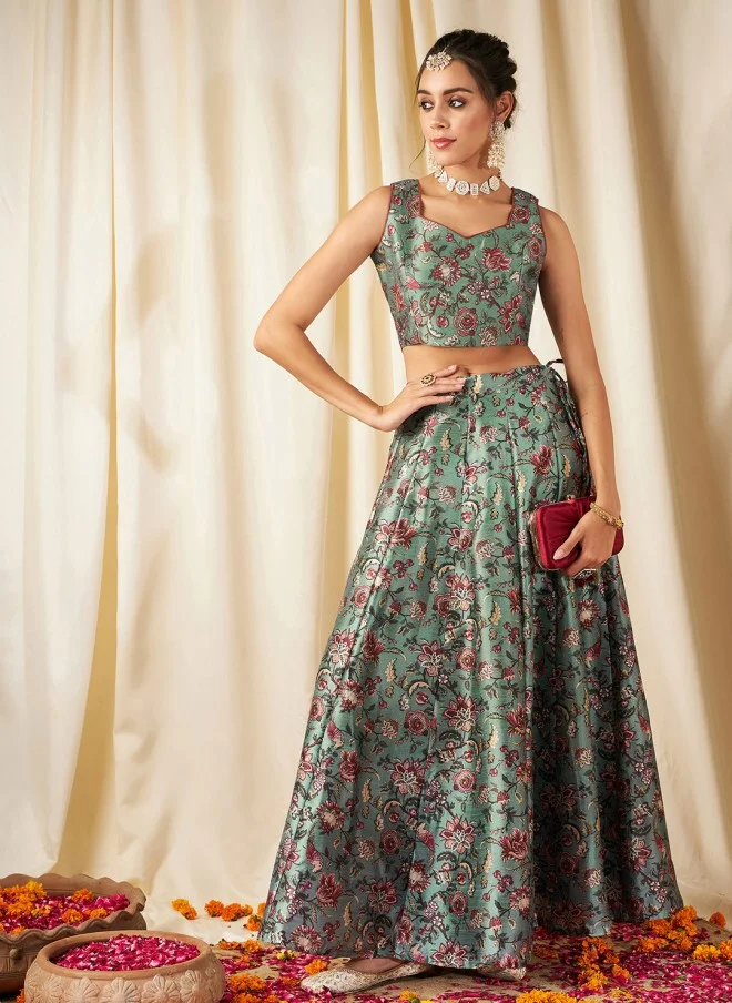 SASSAFRAS Olive Green & Maroon Floral Crop Top for Women