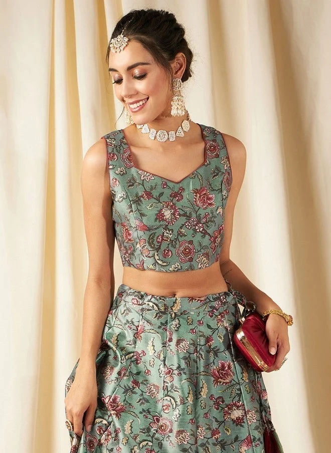 SASSAFRAS Olive Green & Maroon Floral Crop Top for Women