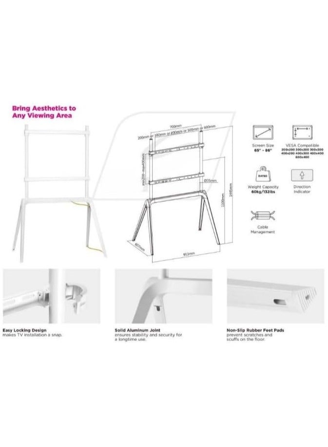 Skilltech Steel Studio SH‑1446FS Matte White Floor TV Stand – 60 kg Load, VESA 600×400, Sleek Studio Mount for 65″–86″ Screens, Cable‑Managed & Easy Assembly - Image 4