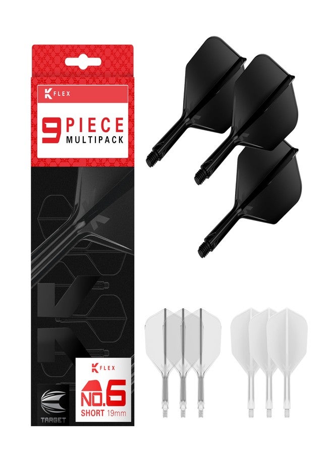 Target Darts K-Flex Integrated Dart Flights and Shafts, Short Stem (19mm), No.6 Flight, 9-Pack Bundle, Black, White & Clear | Kflex 2 in 1 Flight and Stem, Professional Darts Accessories - Image 1