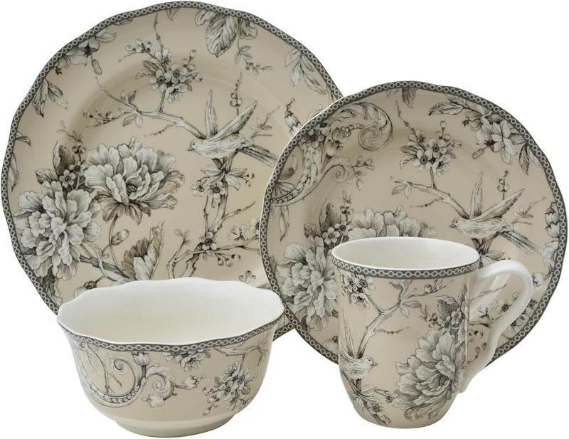 222 Fifth Adelaide 16Piece Traditional Antique White Porcelain Dinnerware Set  Service for 4 Romantic Bird  Floral Design for Everyday Dining  Entertainment Microwave  Dishwasher Safe - Image 2