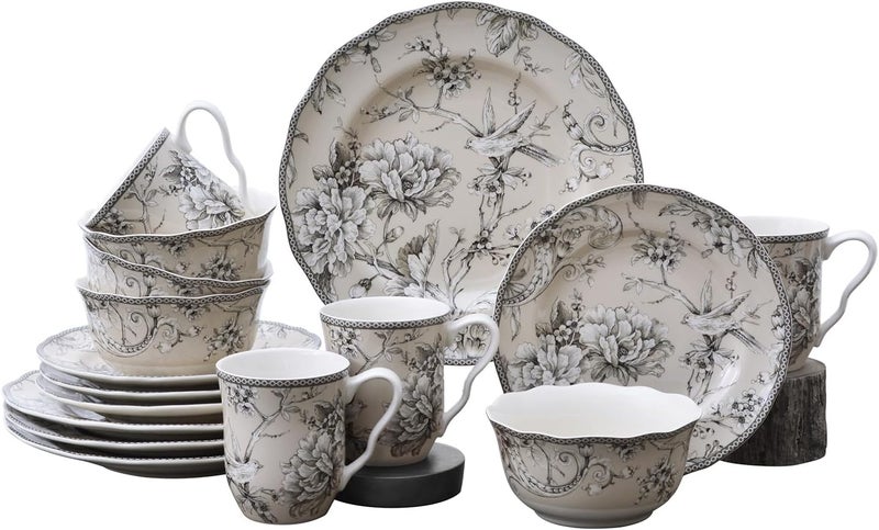 222 Fifth Adelaide 16Piece Traditional Antique White Porcelain Dinnerware Set  Service for 4 Romantic Bird  Floral Design for Everyday Dining  Entertainment Microwave  Dishwasher Safe - Image 1