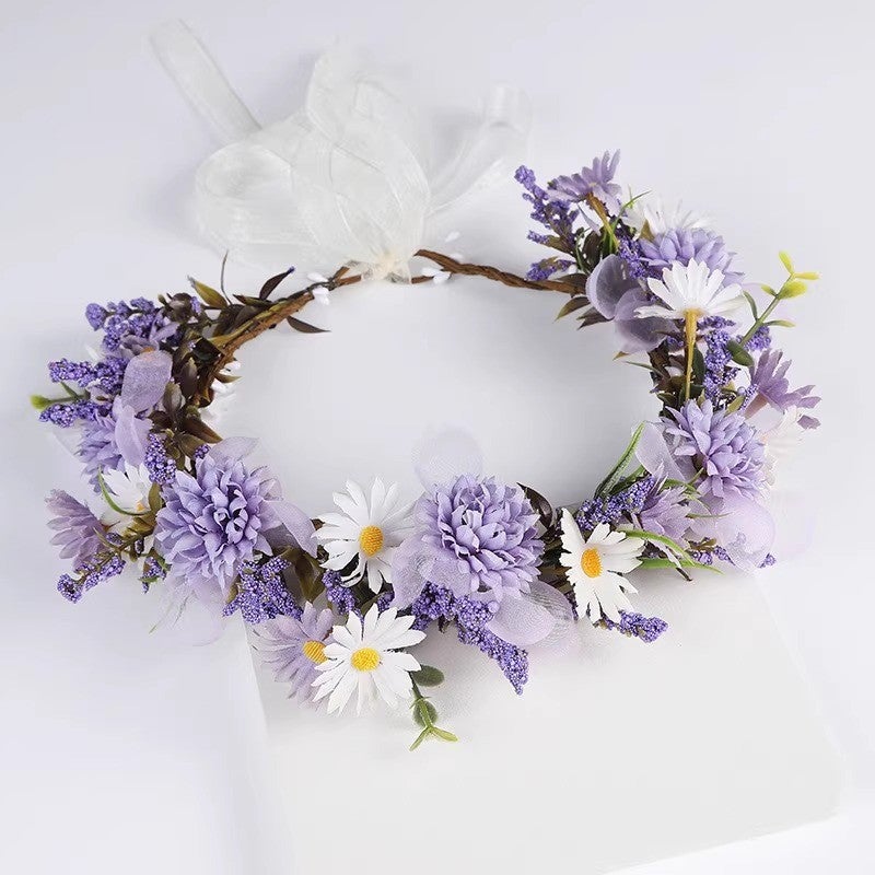 Generic New Childrens Wreath Headband Mori Girls Flower Hair Stamp Hair Strap Headband Girls Flower Girl Super Fairy Headwear 47#Small ball flower daisy wreath-light purple