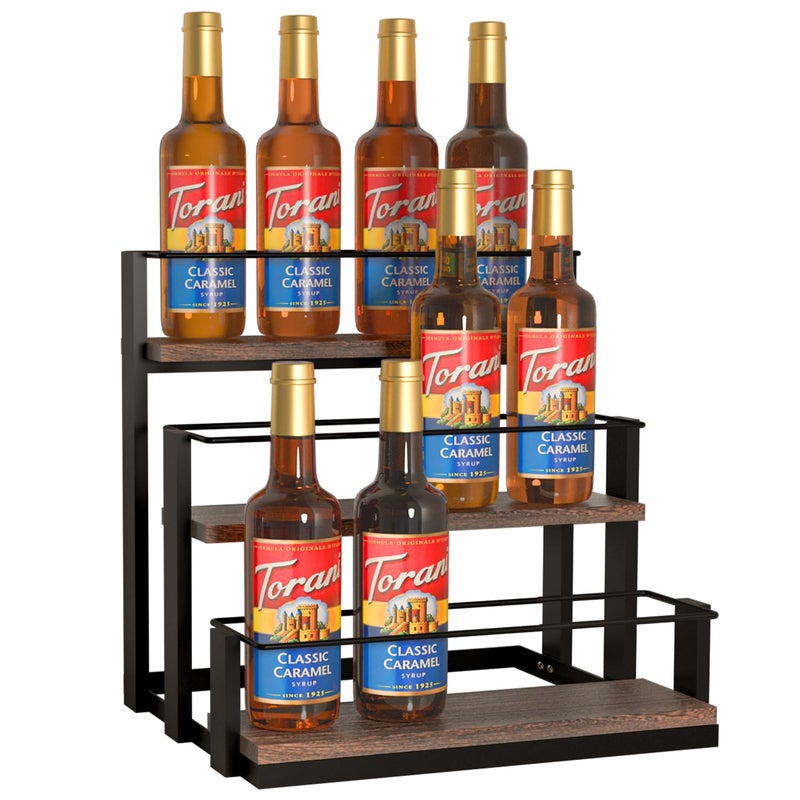 J JACKCUBE DESIGN Coffee Syrup Organizer Rack Rustic Wood and Metal Wire 3Tier 12 Bottles Compartment Display Holder Coffee Station Bar Accessory for Syrup Wine DressingBlack MK815A