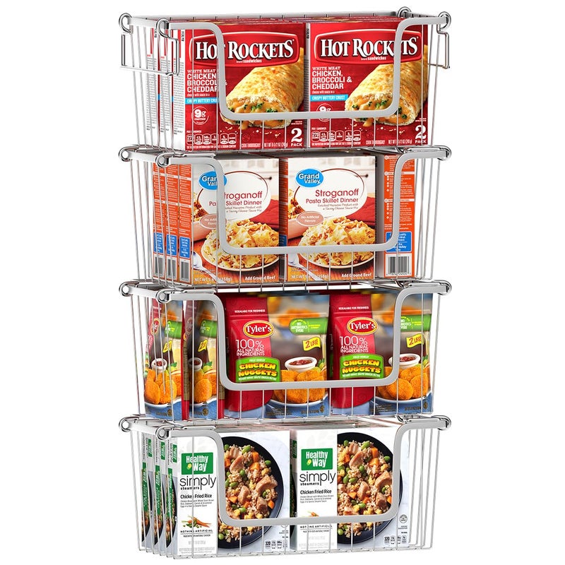 Orgneas Orgneas Stacking Freezer Organizer Bins for 50CuFt Chest Freezer Small Stackable Chest Freezer Baskets Metal Wire Kitchen Pantry Storage Open Front Deep Freezer Bins with Foldable Handles Set of 4