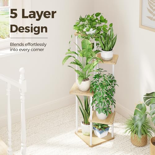 Bamworld White Plant Stand Indoor 5 Tier Plant Shelf for Multiple Plants Corner Flower Stand Metal Wood Plant Table for Patio Garden Balcony Living Room Bedroom - Image 4