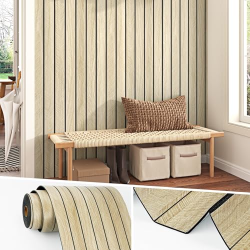 Wallercity Light Brown Wood Slat 3D Wall Panels Self Adhesive Soundproof Wooden Panel for Bedroom Living Room Peel and Stick Wood Paneling for Interior Decor Waterproof Acoustic Fence 117x197 - Image 1