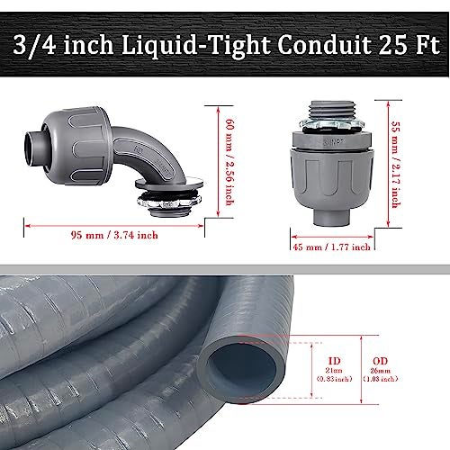 Wocloer Liquid-Tight Conduit - 3/4inch 25 Foot Flexible Non Metallic Liquid Tight Electrical Conduit Kit, With 4 Straight and 3 90-Degree Conduit Connector Fittings.3/4" Dia - Image 2