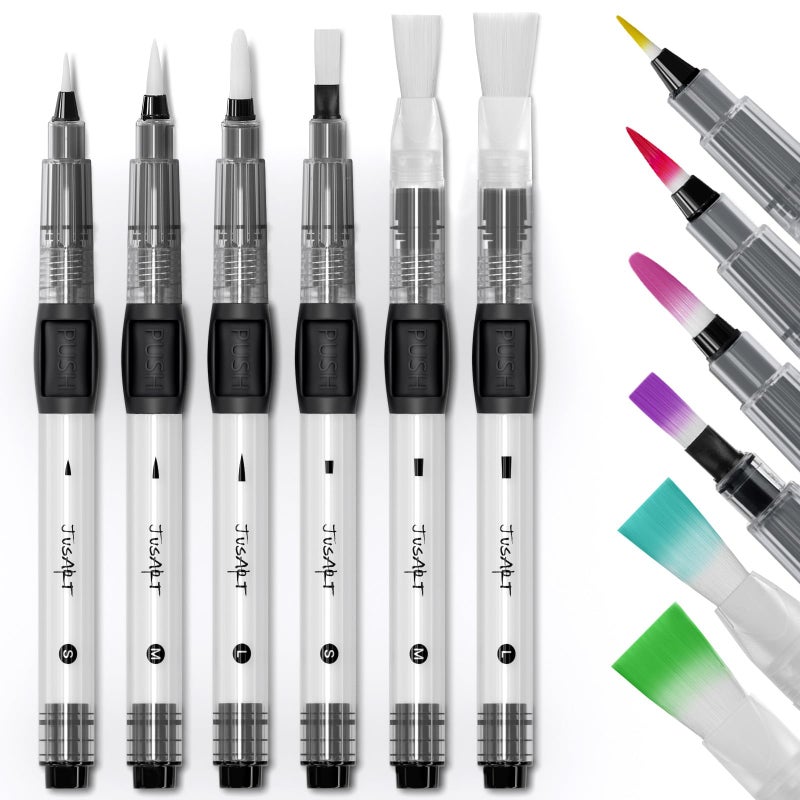 JusArt Water Brush Pens 6-Pack Leak-Proof Refillable Watercolor Pens for Acrylic and Gouache Painting - Includes Pointed & Flat Tip Styles - Portable Water Brushes for Artists, Beginners, Adults - Image 1