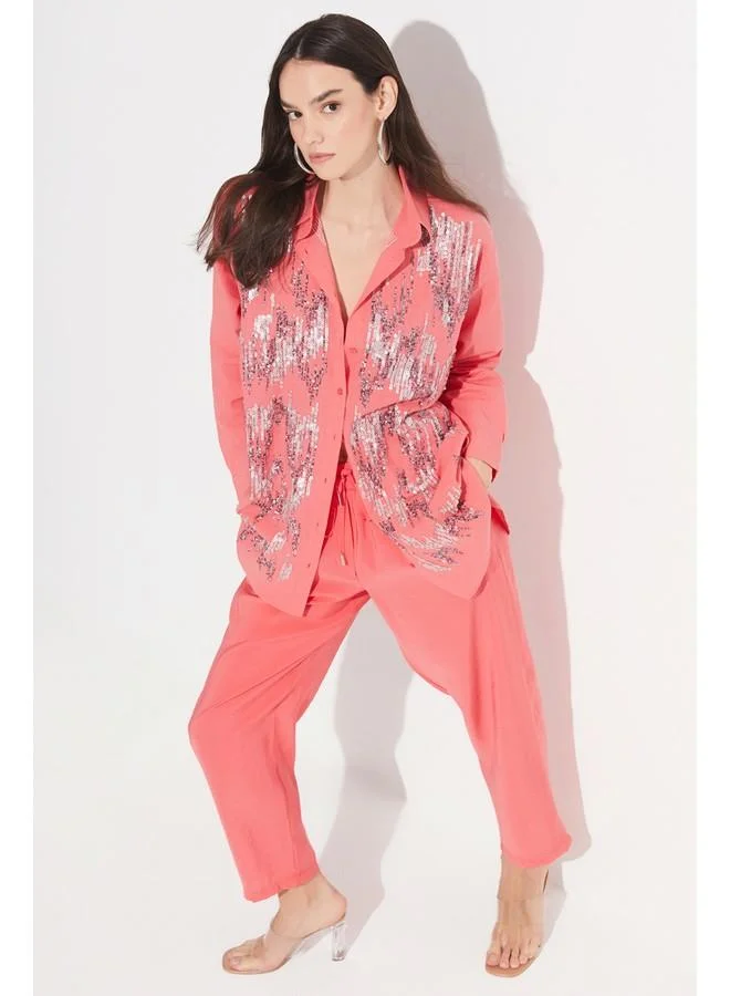 JUNE June Women Exclusive Elastic Waist Modal Blend Jogger Woven Trouser Coral