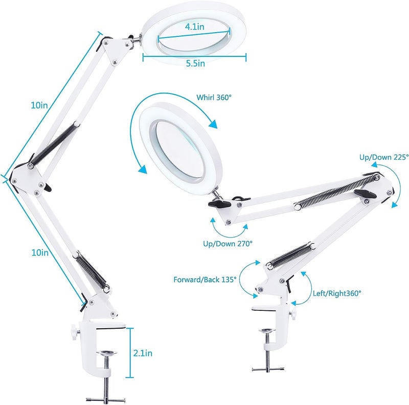 SCHOFIC 10X LED Magnifying Lamp with Clamp, 8-Diopter, Stepless Dimmable,Adjustable Swivel Arm -White - Image 3
