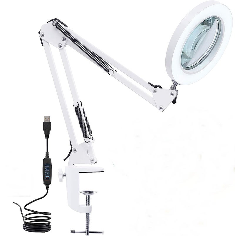 SCHOFIC 10X LED Magnifying Lamp with Clamp, 8-Diopter, Stepless Dimmable,Adjustable Swivel Arm -White - Image 1