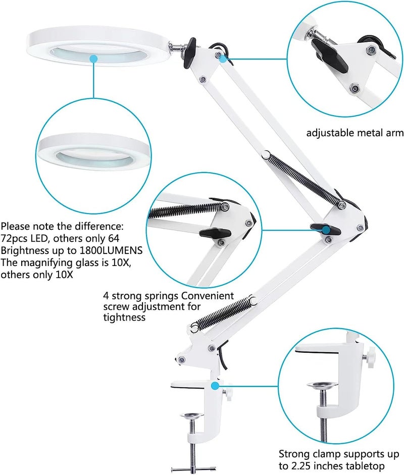SCHOFIC 10X LED Magnifying Lamp with Clamp, 8-Diopter, Stepless Dimmable,Adjustable Swivel Arm -White - Image 4