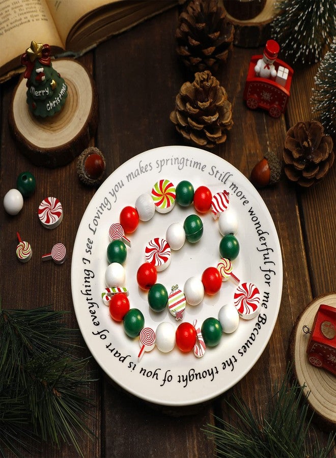 Marsui 160 Pieces Christmas Thanksgiving Wood Beads Snowman Wooden Bead Craft Halloween Wooden Bead Buffalo Plaid Stripes Styles Wood Bead for DIY Crafts Decor(Candy Style,White, Green, Red) - Image 2