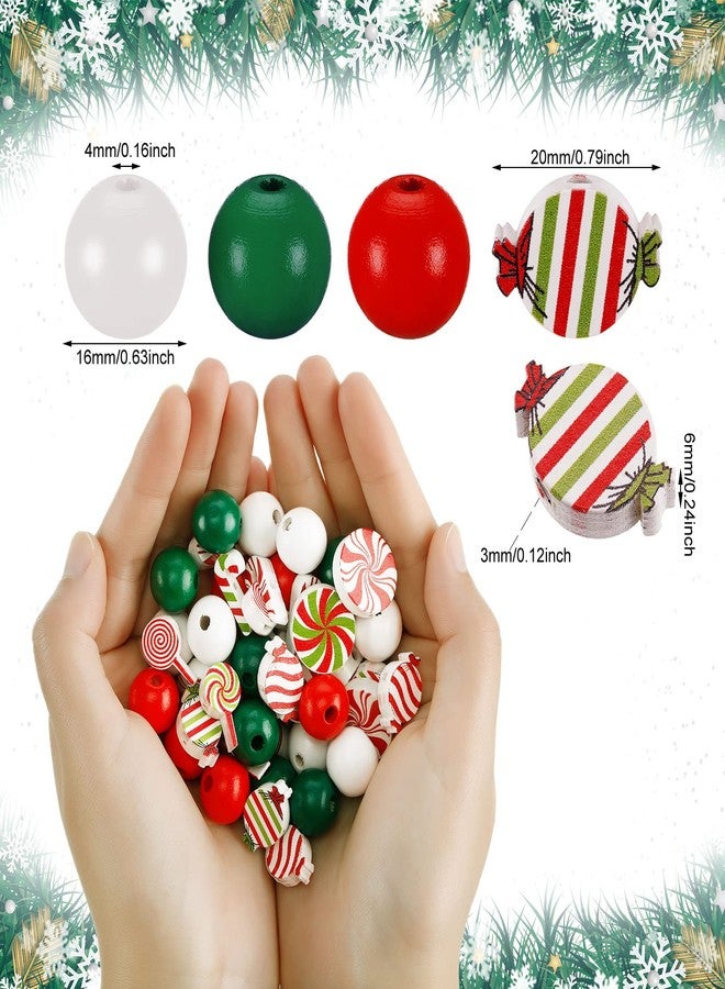 Marsui 160 Pieces Christmas Thanksgiving Wood Beads Snowman Wooden Bead Craft Halloween Wooden Bead Buffalo Plaid Stripes Styles Wood Bead for DIY Crafts Decor(Candy Style,White, Green, Red) - Image 3