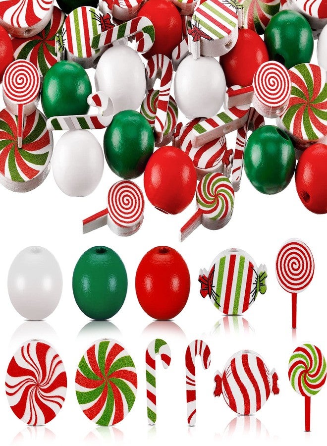 Marsui 160 Pieces Christmas Thanksgiving Wood Beads Snowman Wooden Bead Craft Halloween Wooden Bead Buffalo Plaid Stripes Styles Wood Bead for DIY Crafts Decor(Candy Style,White, Green, Red) - Image 1