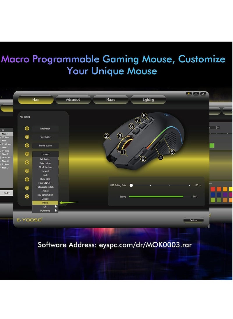 E-YOOSO - E-YOOSO X-11 Wireless RGB Gaming Mouse Rechargeable, 8000 DPI Wired Gaming Mouse, Type C Wired Customize RGB Backlit Mouse with Rapid Fire Key 9 Programmable Buttons Mouse with Macro Programming - Image 1