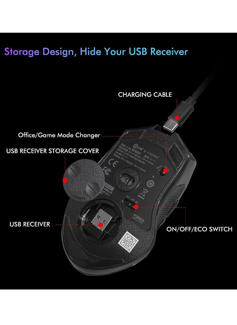 E-YOOSO - E-YOOSO X-11 Wireless RGB Gaming Mouse Rechargeable, 8000 DPI Wired Gaming Mouse, Type C Wired Customize RGB Backlit Mouse with Rapid Fire Key 9 Programmable Buttons Mouse with Macro Programming - Image 1