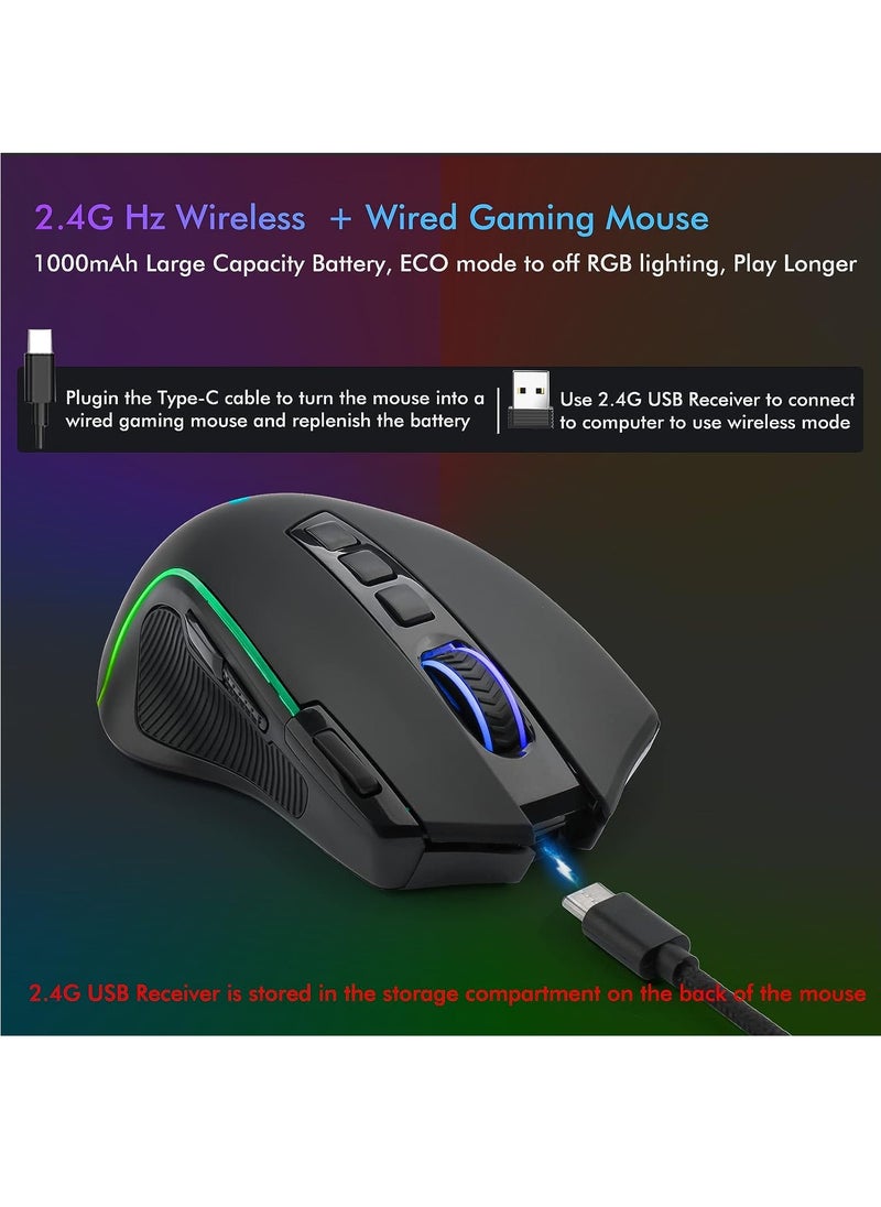 E-YOOSO - E-YOOSO X-11 Wireless RGB Gaming Mouse Rechargeable, 8000 DPI Wired Gaming Mouse, Type C Wired Customize RGB Backlit Mouse with Rapid Fire Key 9 Programmable Buttons Mouse with Macro Programming - Image 1