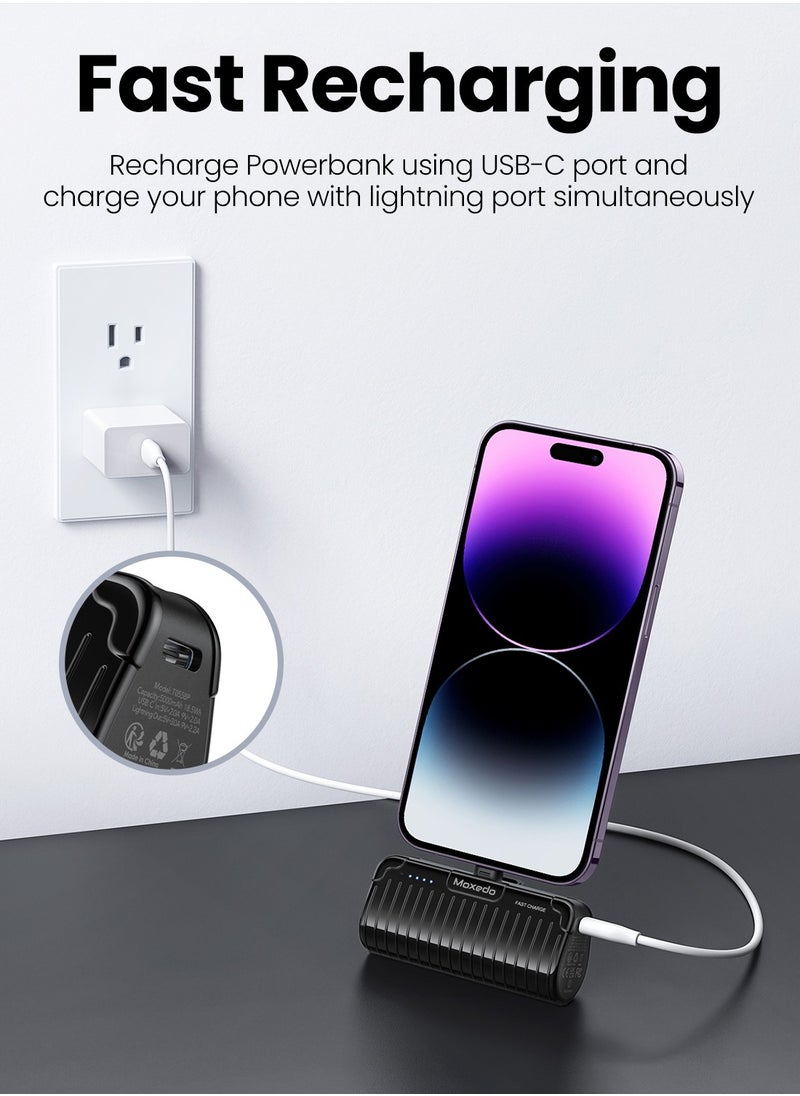 Moxedo - Moxedo Capsule 5000 mAh Mini Power Bank 20W PD Fast Charging Portable Charger with Built-in Lightning Connector with Kickstand Compatible for iPhone 14/14 Pro Max/13/12/11/X/8/7/6 Plus (Black) - Image 1