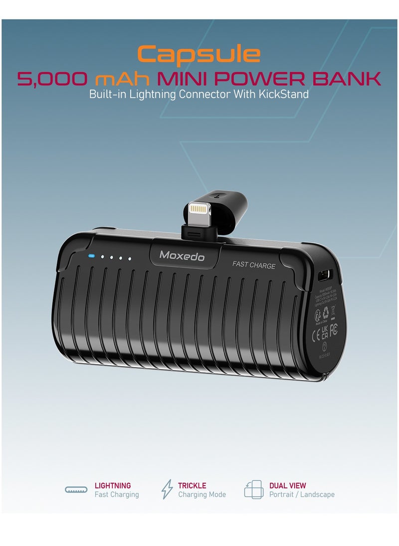 Moxedo - Moxedo Capsule 5000 mAh Mini Power Bank 20W PD Fast Charging Portable Charger with Built-in Lightning Connector with Kickstand Compatible for iPhone 14/14 Pro Max/13/12/11/X/8/7/6 Plus (Black) - Image 1
