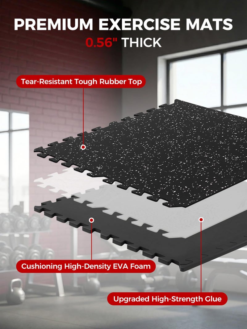 HIAARO 0.56in Thick 48 Sq Ft Exercise Equipment Mats, 12 Tiles Rubber Top EVA Foam Workout Mats, Interlocking Gym Flooring for Home Gym, 24 x 24in, Black & White - Image 2