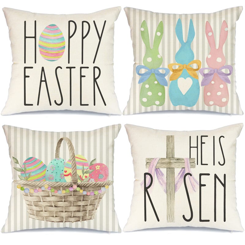 GEEORY Happy Easter Throw Pillow Covers 18x18 Set of 4 Bunny He is Risen Cross Eggs Spring Home Decor for Couch G26118